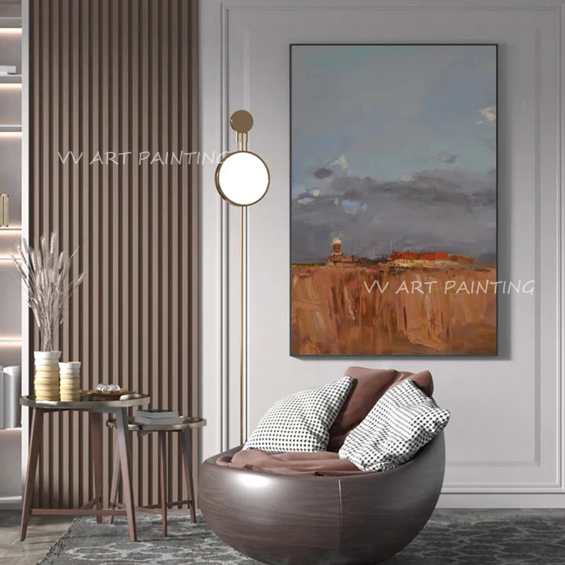 

Handmade simple pure thick knife landscape grey canvas oil painting porch aisle for living room artwork gift