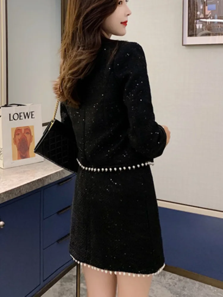 New Autumn Winter Black Tweed Two Piece Set Women Beading Pearls Short  Woolen Jacket Coat + Mini Skirt Set Two Piece Outfits