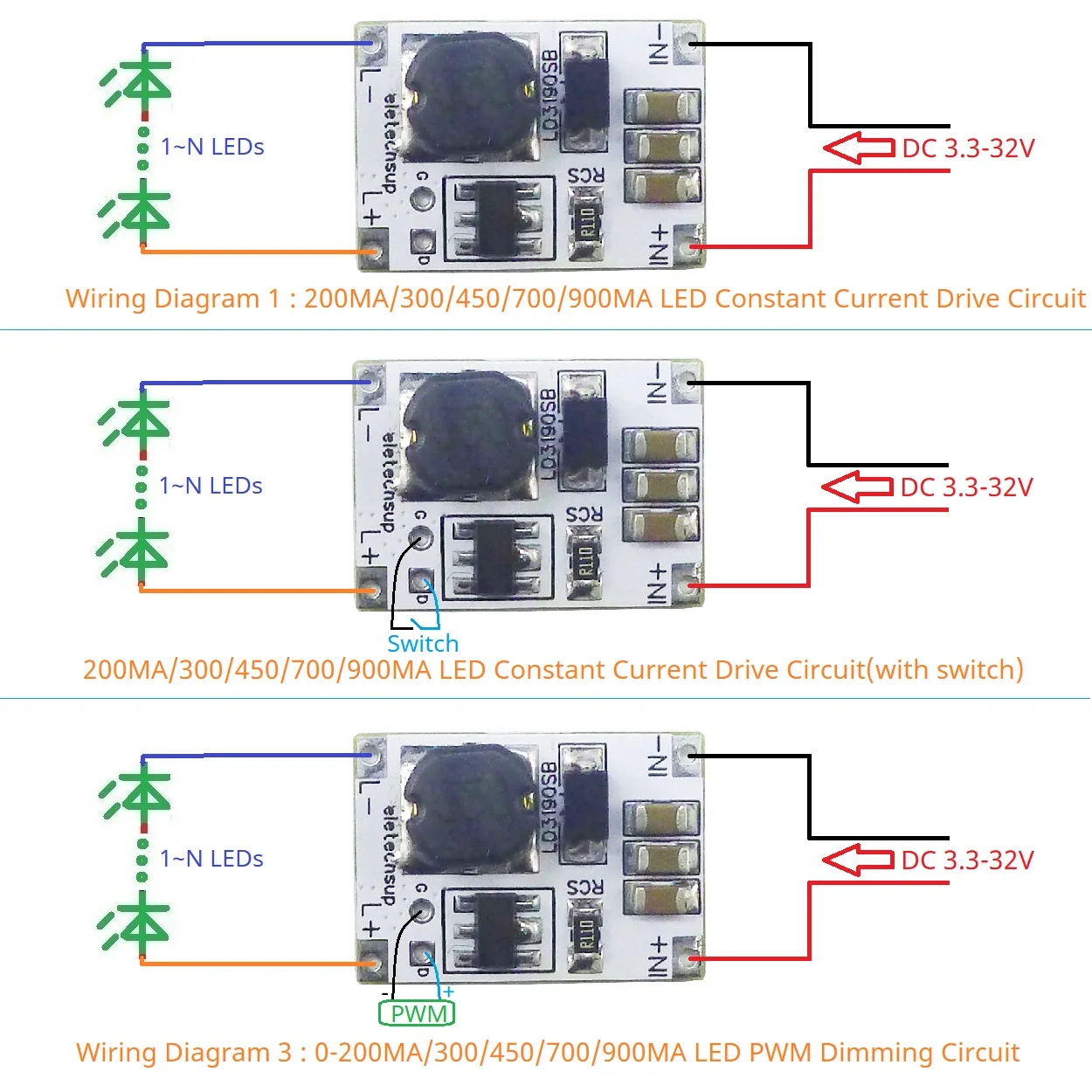 200MA/300/450/700/900MA DC 3.3-30V LED 조광기 PWM 컨트롤러 모듈 다기능 DC-DC 벅 정전류 드라이버 LD3190SB