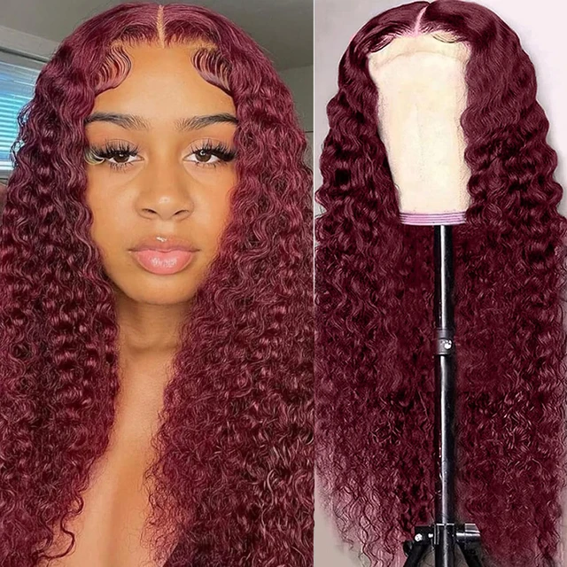Perruque en cheveux humains couleur bordeaux, ondulations profondes, perruque frontale en dentelle 13x4, dentelle HD transparente, perruque bouclée pour femmes 1