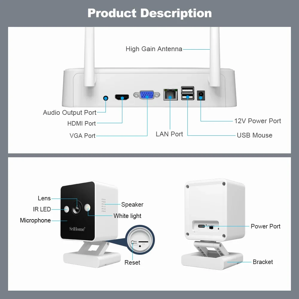 Srihome 8CH NVR Recorder Set 2MP WiFi CCTV Camera Security System Kit P2P Outdoor Wireless IP Cameras Video Surveillance System