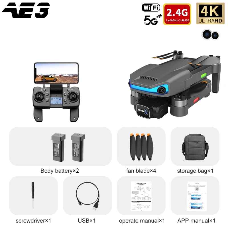 AE3 PRO Max GPS Drone 4K Dual Camera 3 Axis Gimbal Professional Aerial Radar Obstacle Avoidance 5G Wifi FPV Quadcopter Gift Toy rc helicopter with camera RC Helicopters