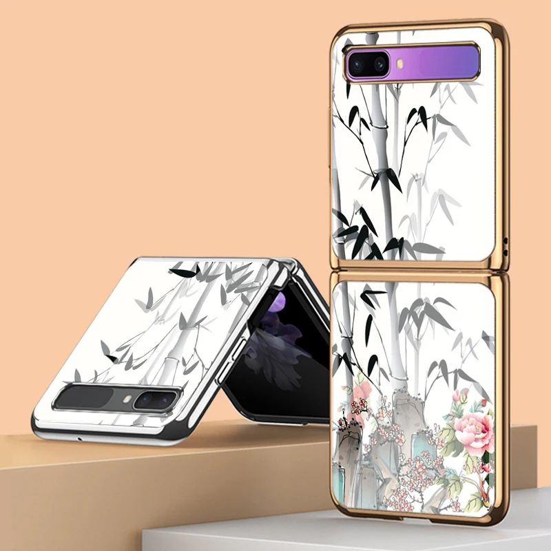 

Z Flip 4 Funda Case for Samsung Galaxy Z Flip 4 Z Flip 3 2 1 Ink Bamboo Flower Patterned Tempered Glass Phone Case Cover ZFlip4