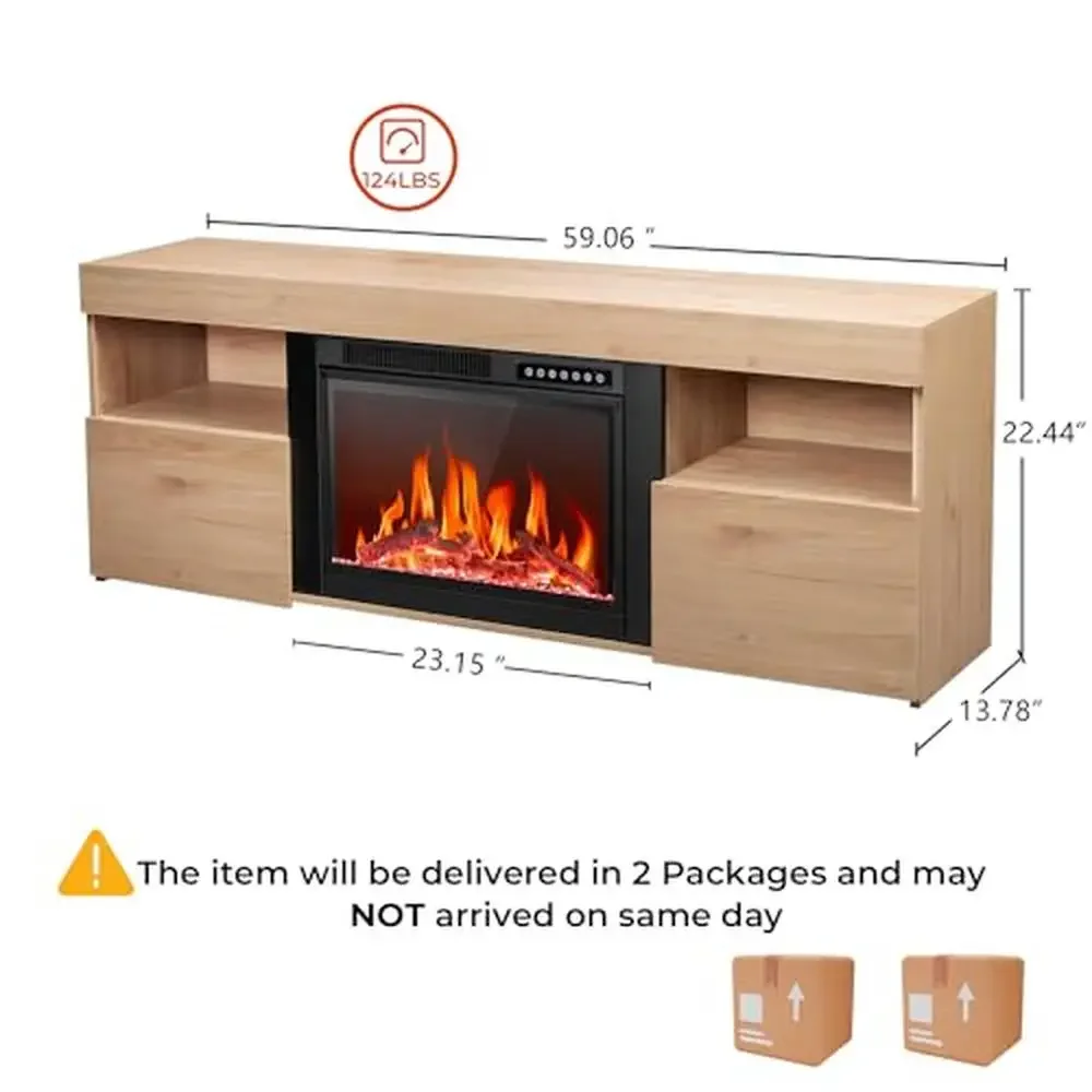 Electric Fireplace Mantel TV Stand 59" Wooden Surround Remote Control Adjust Flame Speed 3D Technology Realistic Ambiance 3