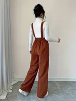 Women Casual Jumpsuit Corduroy Wide Shoulder Straps Button Detail Solid Color Relaxed Fit Autumn Winter Hand Wash Only - Image 2