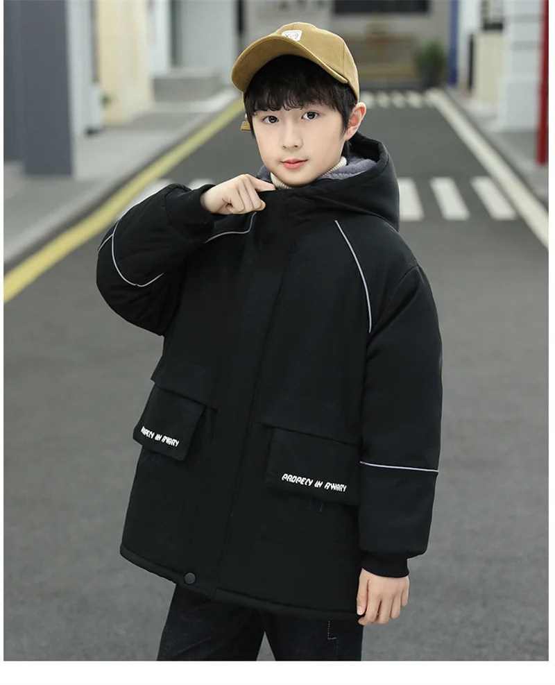 -30℃ Boys Plus Velvet Outerwear Kids Winter Thicken Warm Overcoat Children Casual Print Jacket New Teenager Clothing
