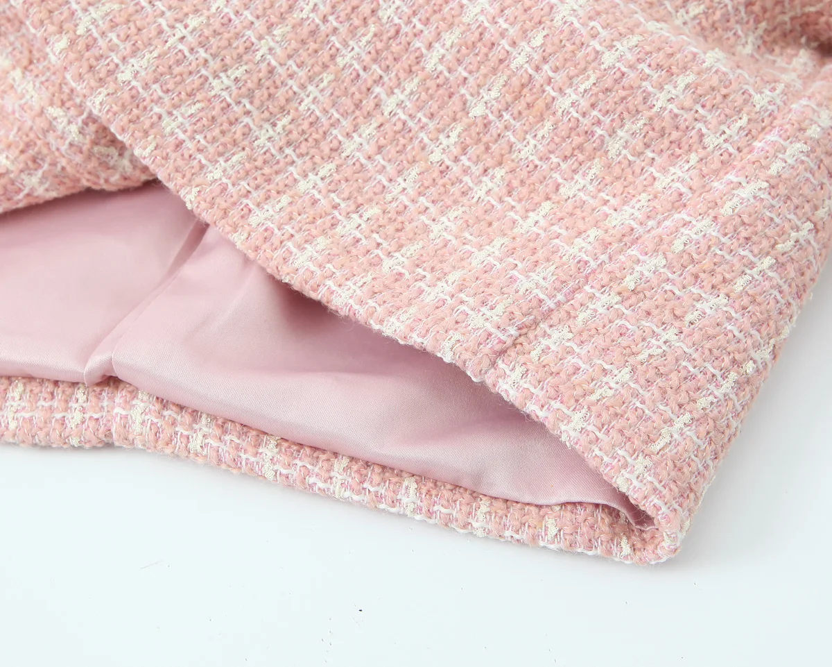 2 pieces 1 Set French Style Retro Pink Plaid Woven Tweed Blazer + High Waist Mini Shorts Pants Suits