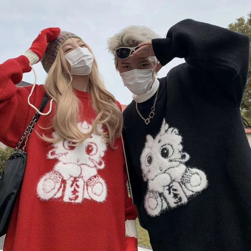 

Year of the Dragon Red Sweater Women Winter Happy sweater New Loose Lazy Style Mid-Length Sweater Trendy Top