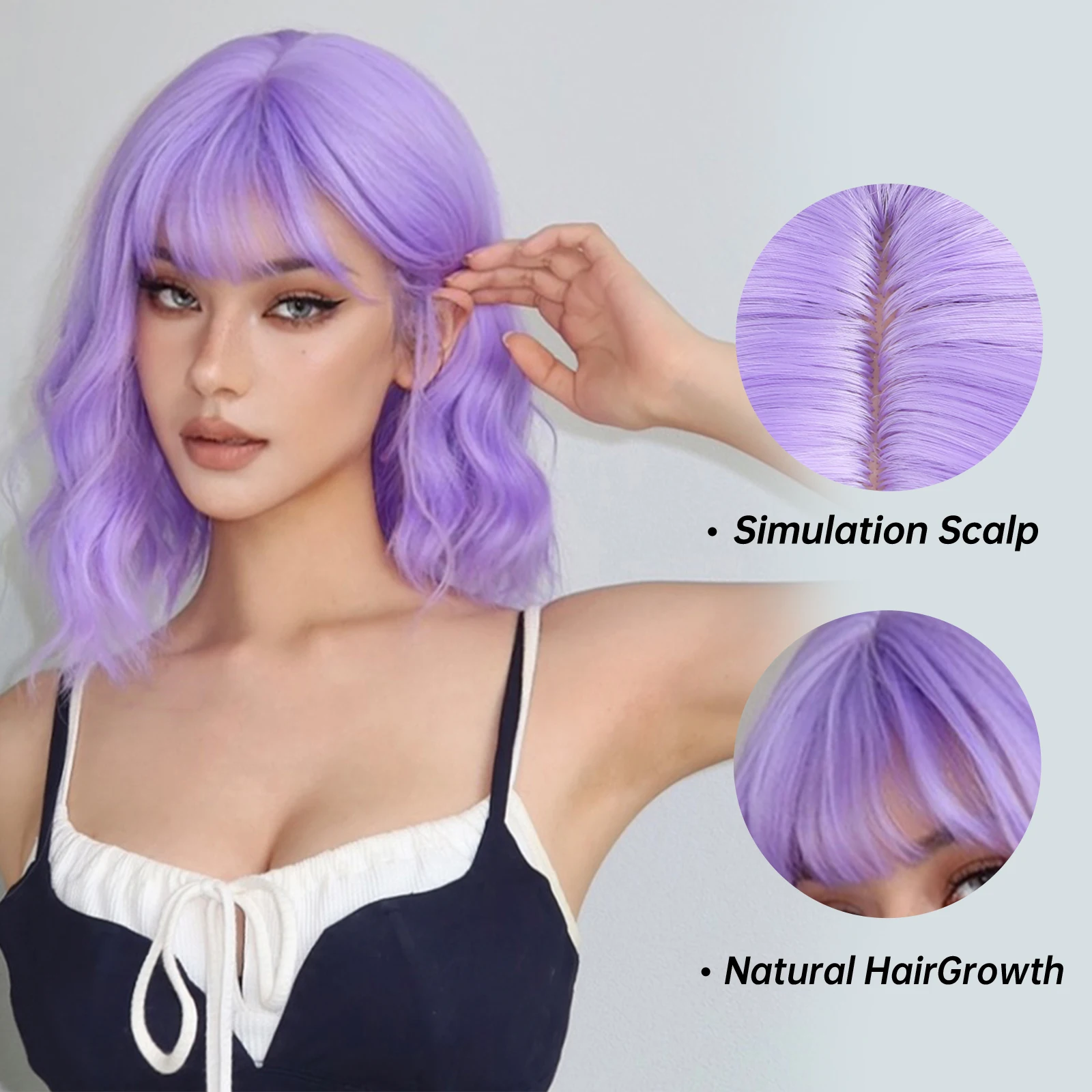 Short Synthetic Wigs Purple Blue Curly Wave Wigs with Bangs for