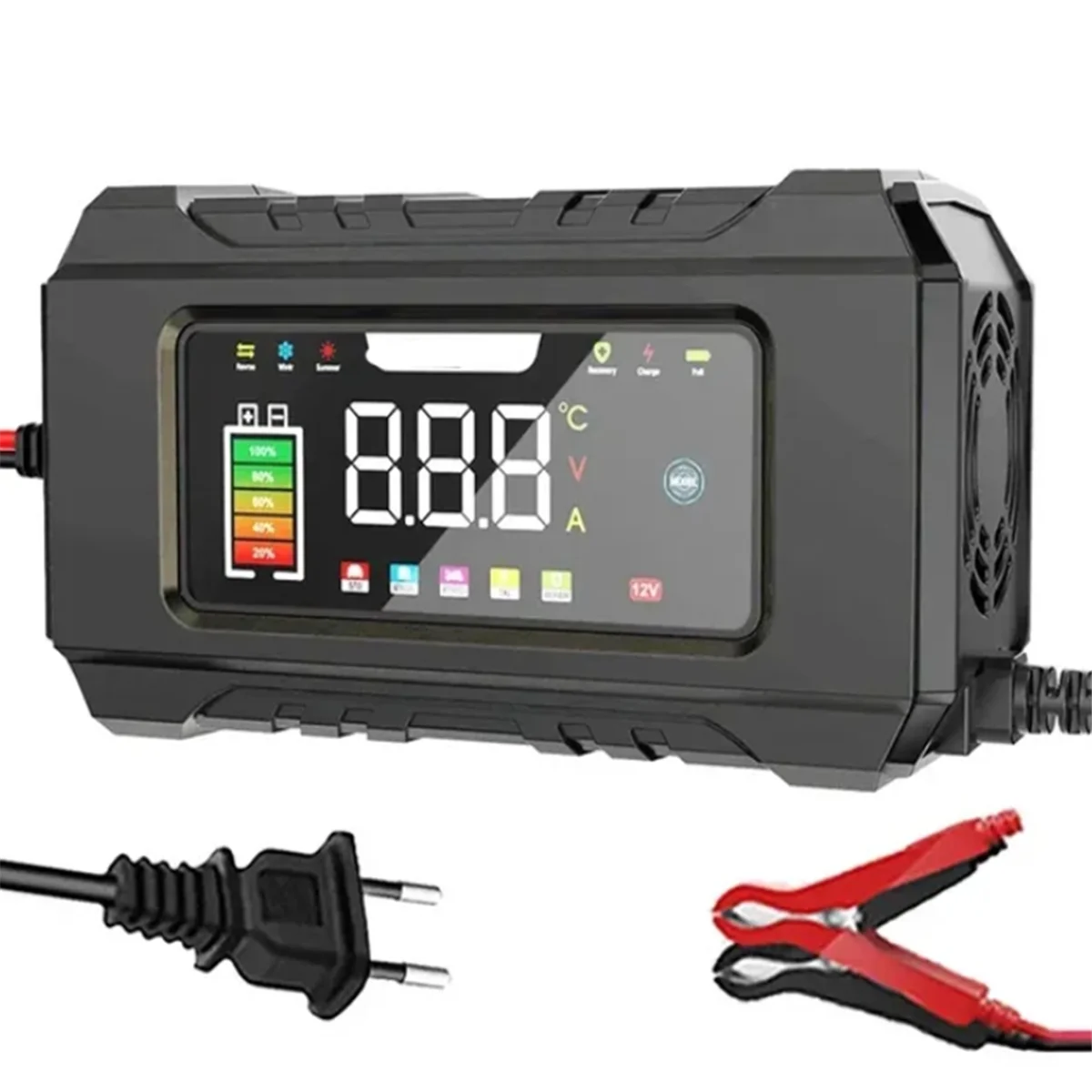 A10R 12V 자동차 배터리 충전기 6A LCD 디스플레이가 있는 완전 자동 배터리 충전기 리드 펄스 수리 충전기 EU 플러그 블랙