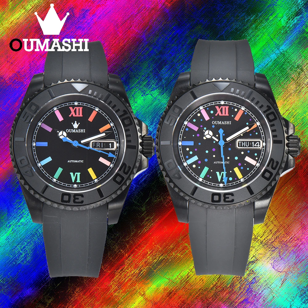 

OUMASHI 40mm Rainbow Dial Sports Automatic Mechanical Watch NH35 Movement Stainless Steel Case Rubber Strap and Sapphire Glass