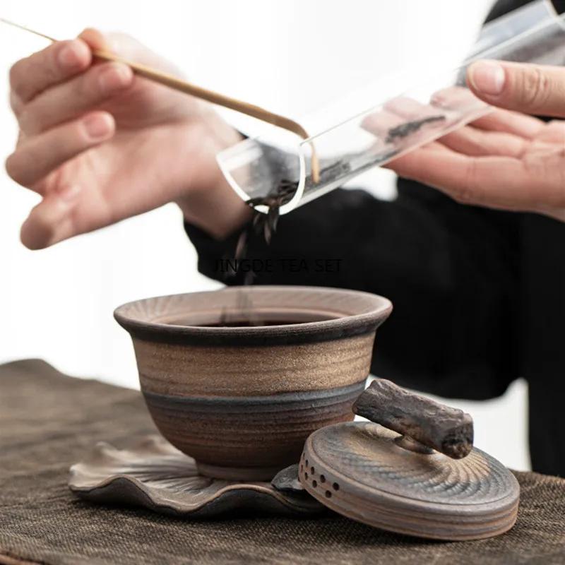 Chinese rough pottery lid bowl retro handmade ceramic travel portable household tea set accessories