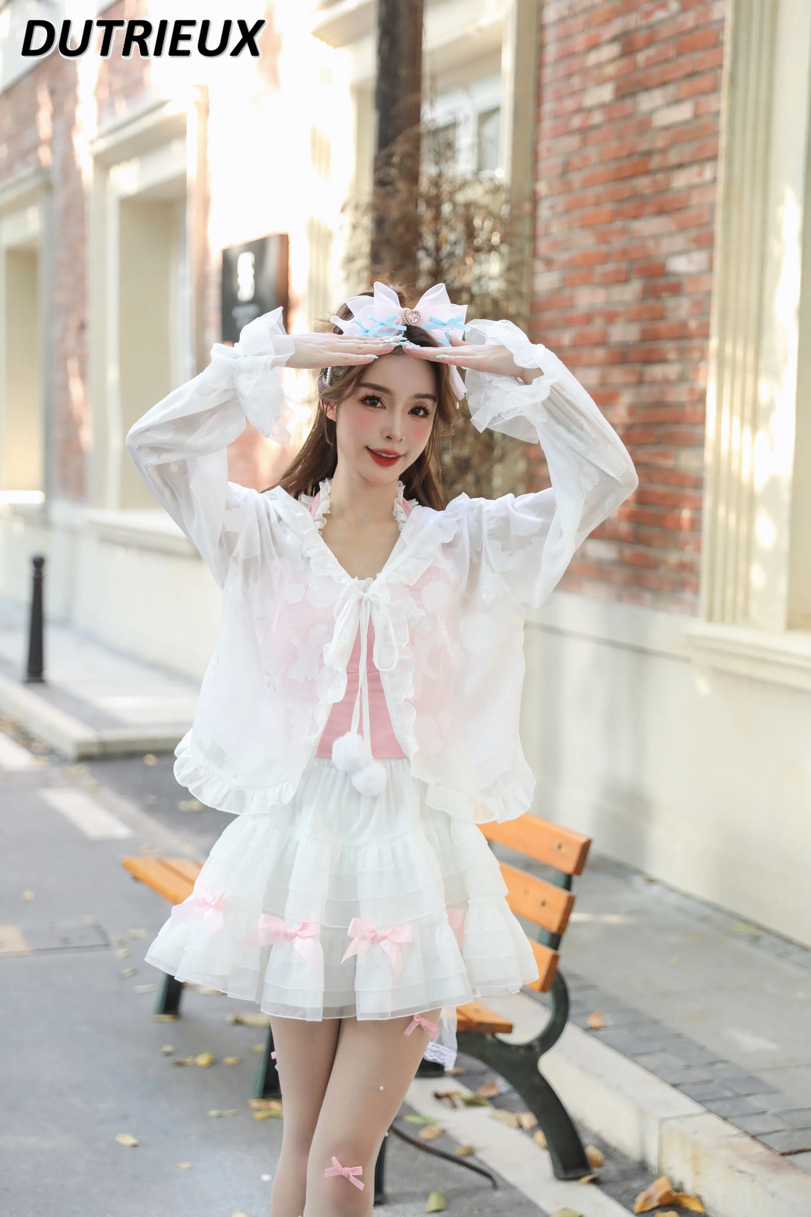 Sweet Princess Bowknot Lace-up Bell Long Sleeve Lace White Shirt Lacework Loose and Hooded Cardigan Sun Protection Coat
