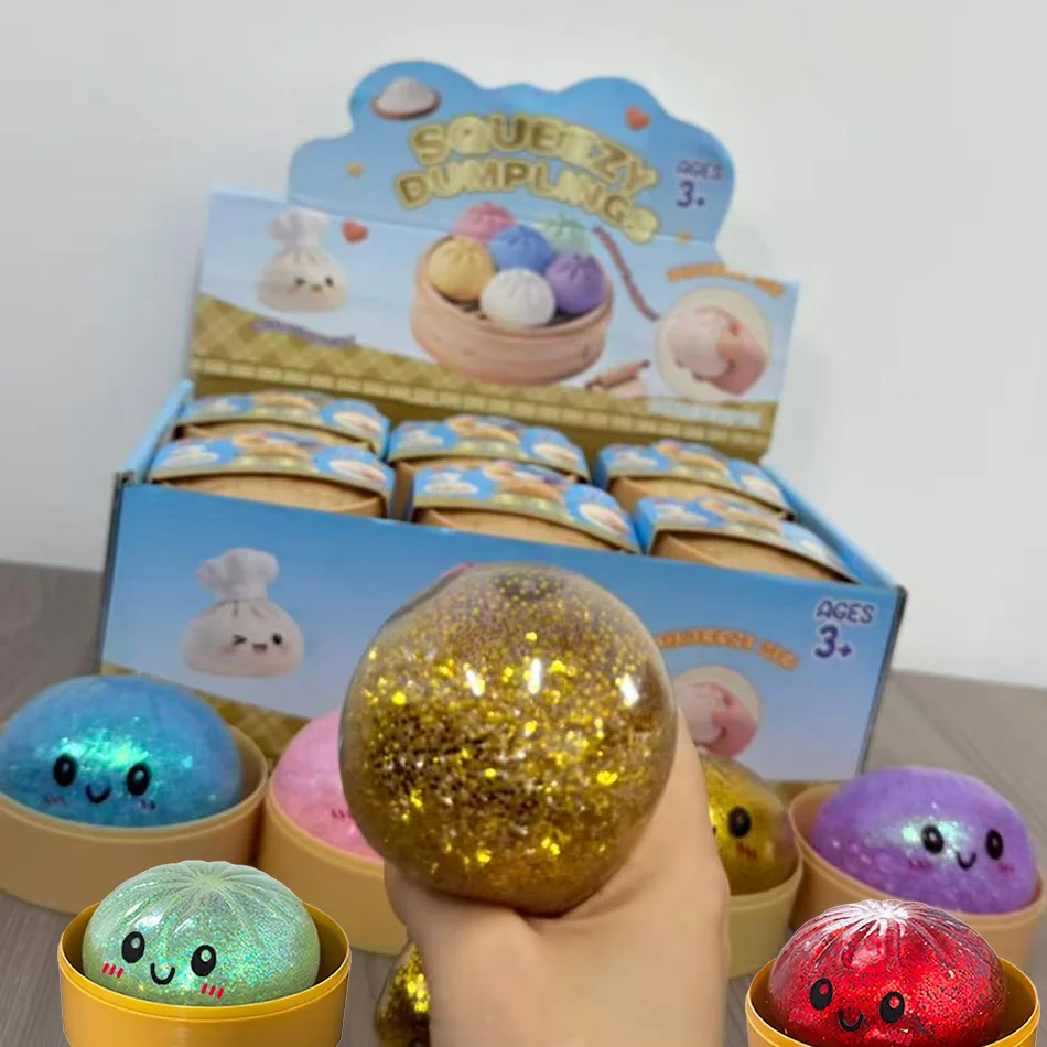 New 1-12pcs Glitter Dumpling Squishy With Box Dumplings Sensory Squeeze Toy For Stress Relief_voghion.com