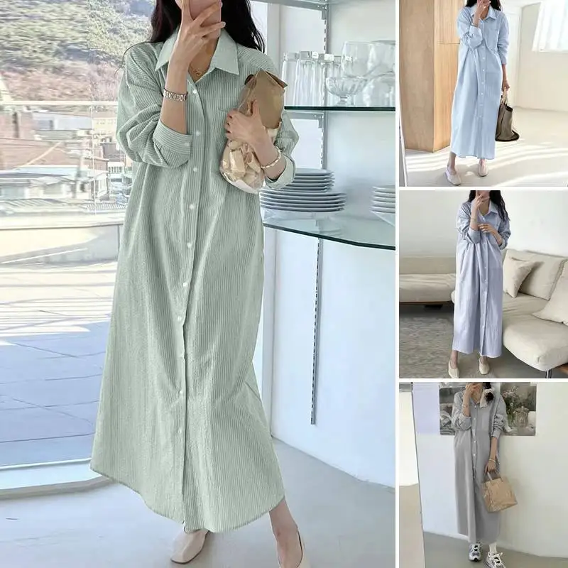 

2023 Summer Women's New Cotton Hemp Fashion Stripe Polo Long Sleeve Cardigan Loose Commuter Women's Dress