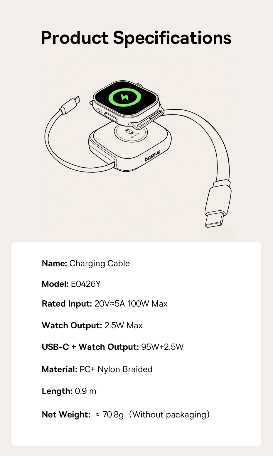 Baseus 100W Retractable USB-C Cable with Apple Watch Charger