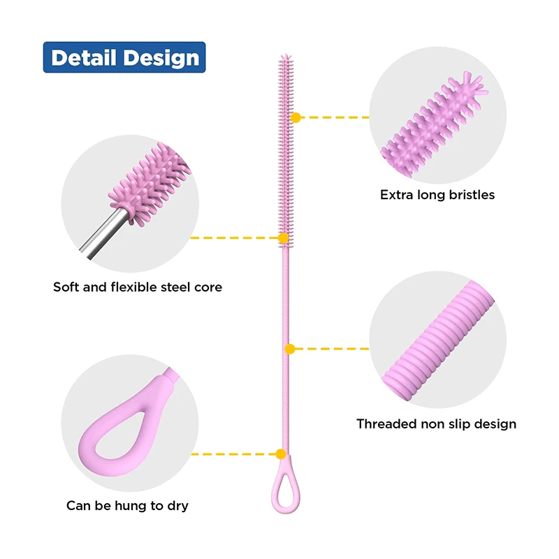 Extra Long 9mm Silicone Straw Cleaning Brushes - Reusable and Bendable