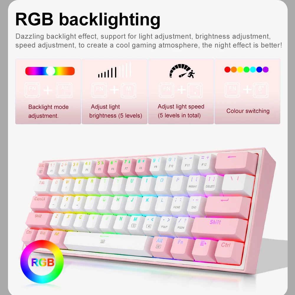 REDRAGON Fizz K617 RGB USB 미니 기계 게임 유선 키보드 빨간색 스위치 61 키 게이머 컴퓨터 분리형 케이블 ...