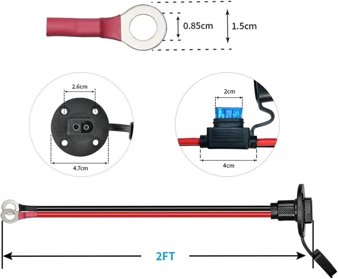 12AWG SAE 전원 소켓 측벽 포트 - O 링, 10A 15A 20A 25A 퓨즈가 있는 SAE 연장 케이블, 태양광 발전기(2FT)와 호환 가능