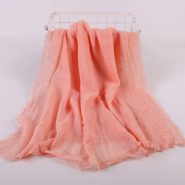 12257-521c29.jpg hijab Bandeau voile froissé en coton pour femme, écharpe longue de couleur unie