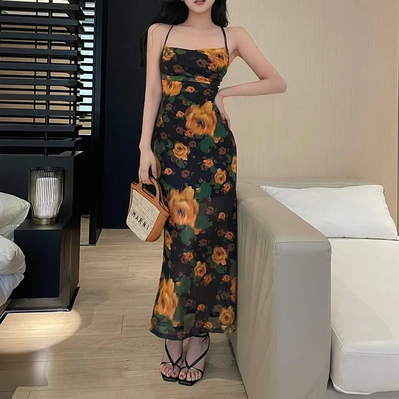 2024 Summer Women Beach Outings  Retro Rose Backless Halter Dress New Slim Fit Skirt Floral Spandex Wear Swimsuit CSM10JY23741