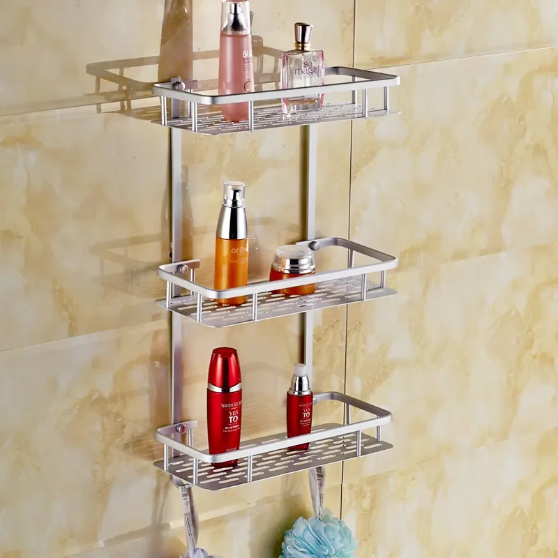 

Contemporary Silver Aluminum Space Three Layers Basket Corner Storage Wall Mount Bathroom Accessories Bathroom Shelf