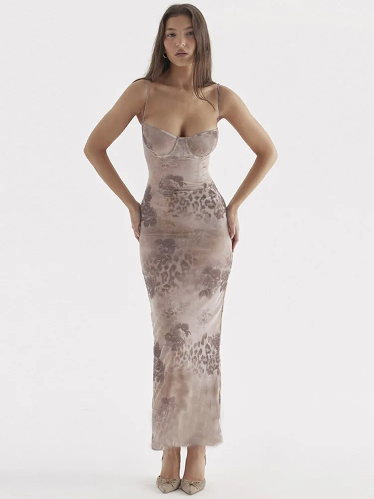 

Mozision Elegant Floral Print Maxi Dress Women Spaghetti Strap Sleeveless Lace-up Split Sundress Club Party Long Tank Dress