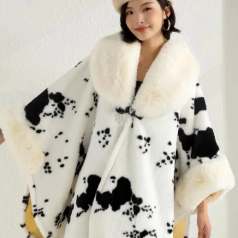 2 Color Poncho Women Faux Woolen Rabbit Fur Winter Cape Thick White Black Warm Printed Cloak Batwing Sleeves Cardigan Loose Coat
