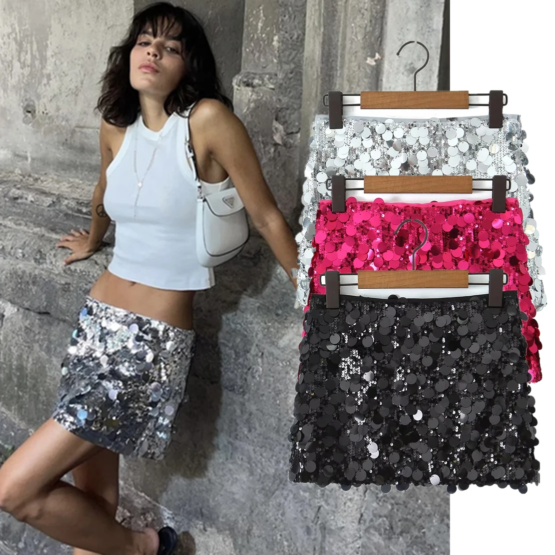 Maxdutti Fashion Blogger Mini Skirt Women High Street Sexy Sequin Short Skirt Party tossy sequin sexy fashion y2k skirt women club glitter high street slim zipper loose patchwork short skirt sparkle ladies skirt