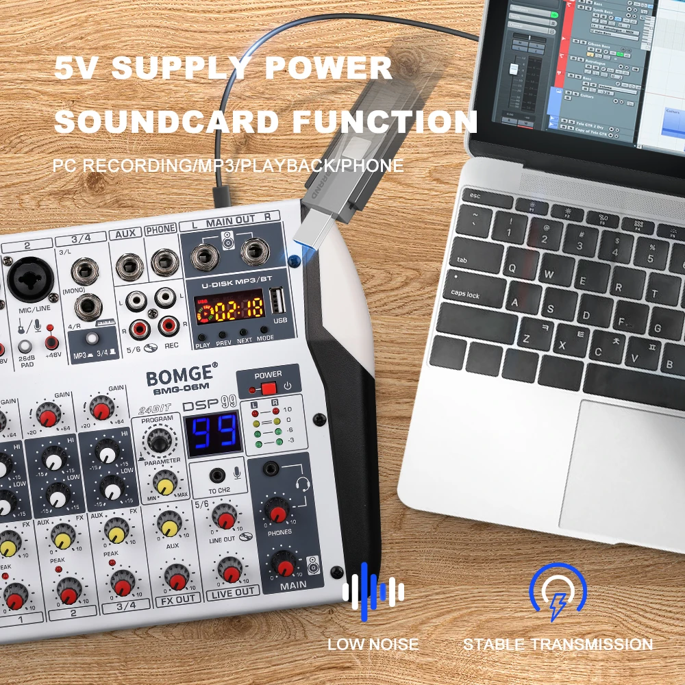 6 channels 99DSP Audio mixer DJ karaoke Mixing Console USB Interface Sound Card 48V PC MP3 DJ Recording