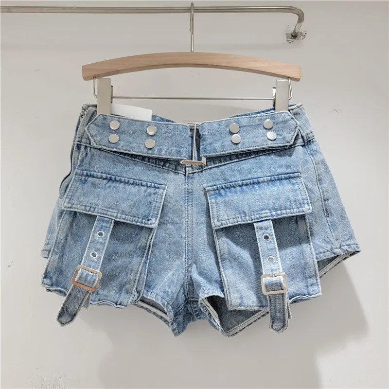 Workwear With Pocket Denim Shorts For Women Younger Fashion Wide-Leg A-line Short Pants 2024 Summer Slimming Denim Hot Trousers