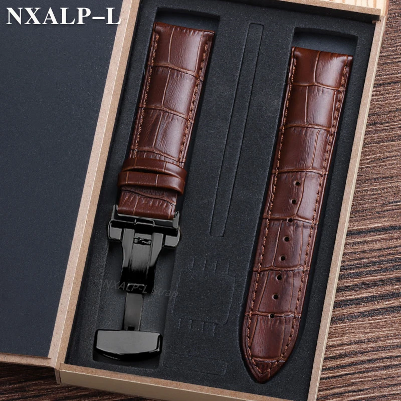 Luxurious Genuine Leather Watch Strap with Elegant Butterfly Clasp and Wooden Gift Box