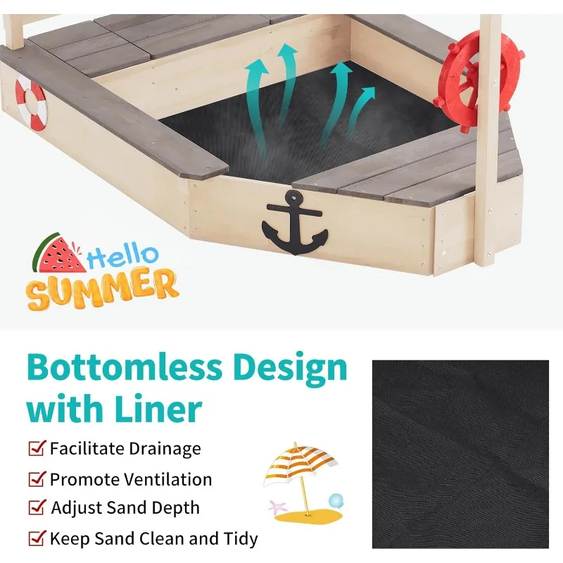 Sandbox with Cover Wooden Sandbox with Storage Bench Seat Sink Outdoor SandBox for Backyard Garden Sand Boxes Sandpit Light Wood 4