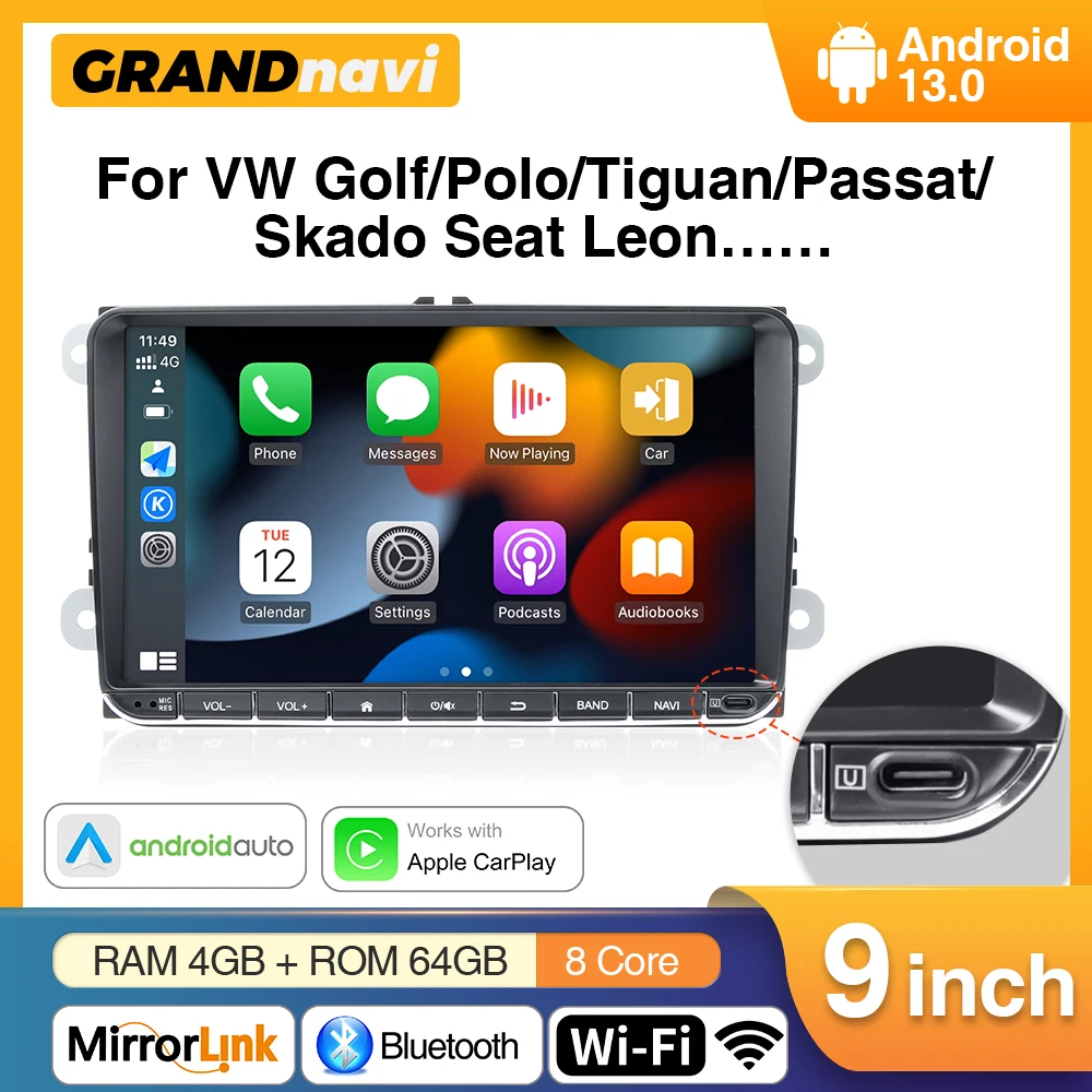 

Grandnavi 2 din Android Car Radio multimedia player For VW Volkswagen Passat B7 B6 Golf 5 Touran Polo Tiguan Jetta Carplay GPS