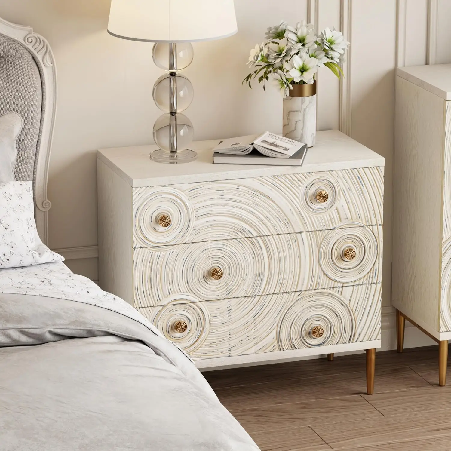 armhouse 3 Drawer Dresser with Ring Motif, Disstressed Embossed Nightstand for Bedroom, Entryway, French Country