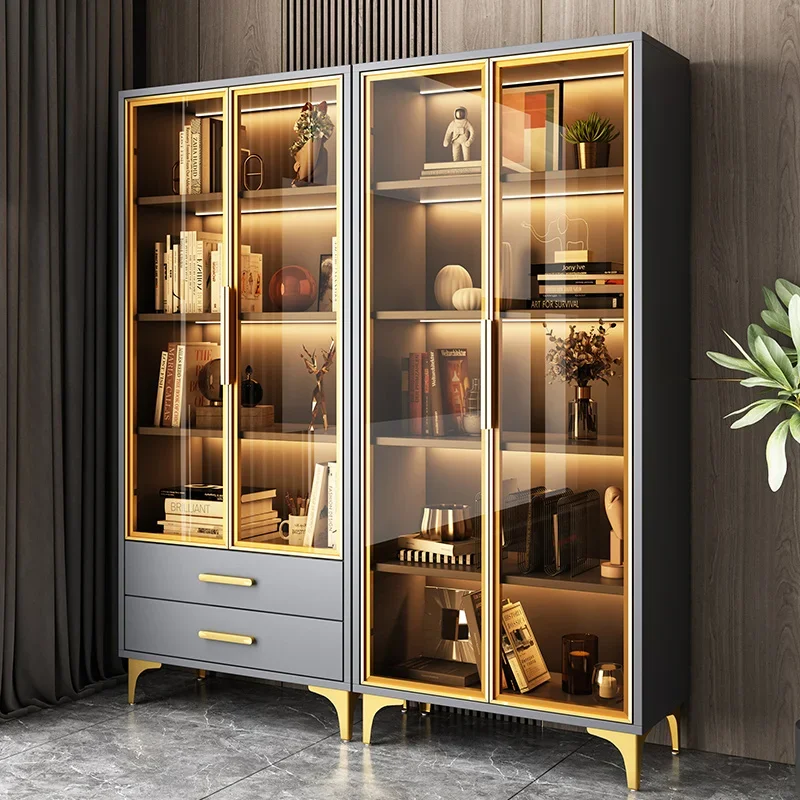 Luxury glass door bookcase floor-to-wall solid wood combination display cabinet living room study storage locker bookcase