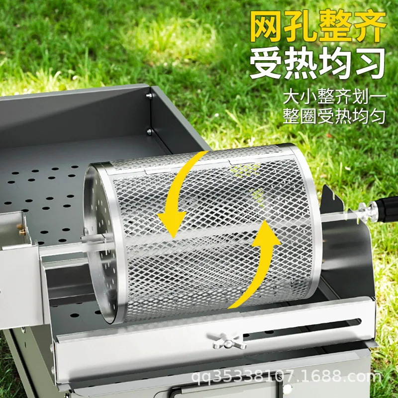 BBQ Grill Basket Stainless Steel Rolling Vegetable Grill Basket Removable Wooden Handle Round Bbq Cage Portable Bbq Accessories Outdoor Grill Sausage Meat Set Of 2