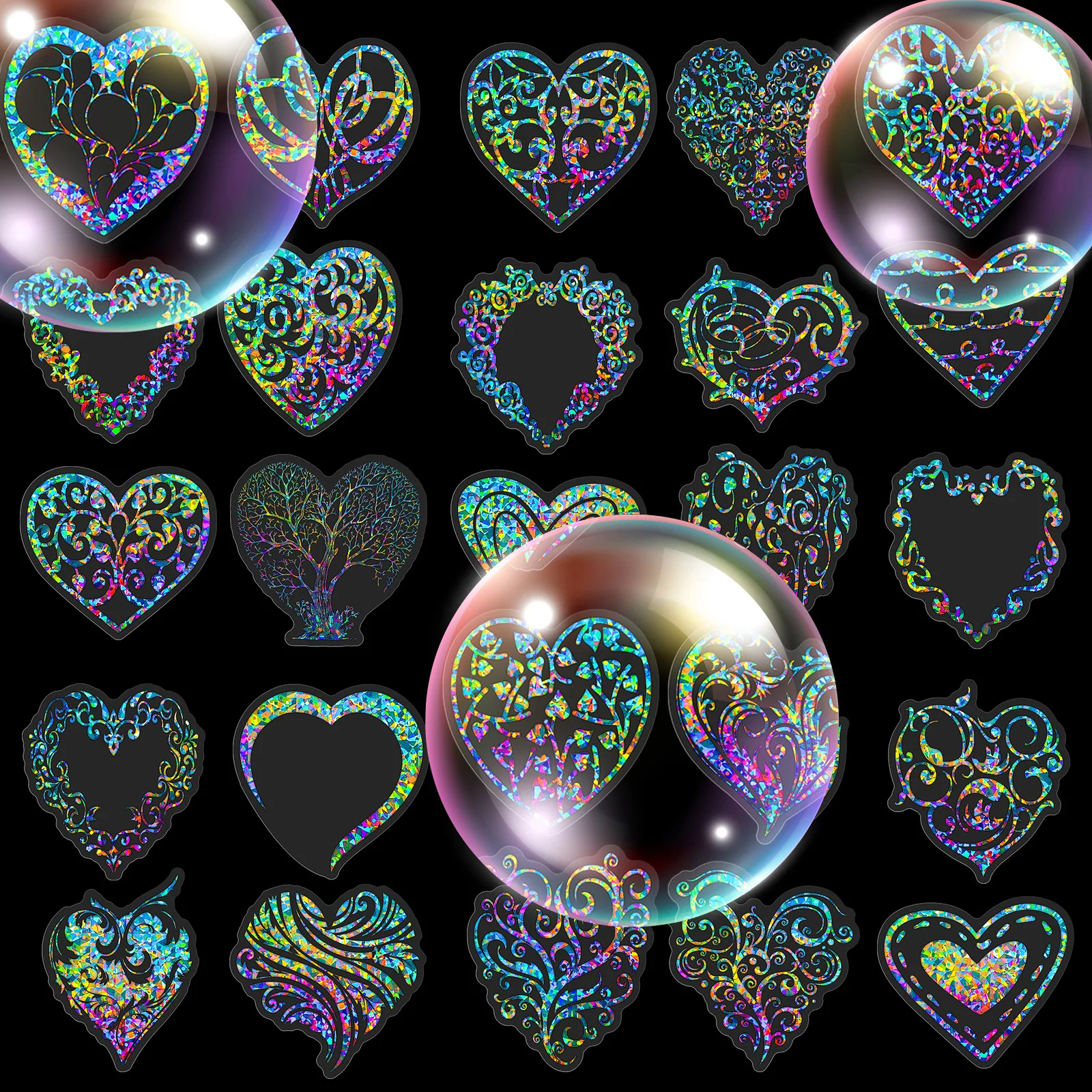 50 Sheets Of Transparent Holographic Heart-shaped PET Stickers With Radiant Colors For Decoration Sticker