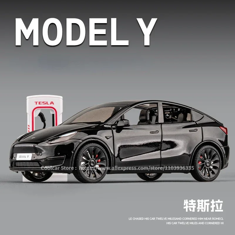 All 1:24 TESLA MODEL Y Model 3 With Charging Pile Alloy Diecast Metal Toy Car Model Sound and Light Childrens Collectibles Gift 2