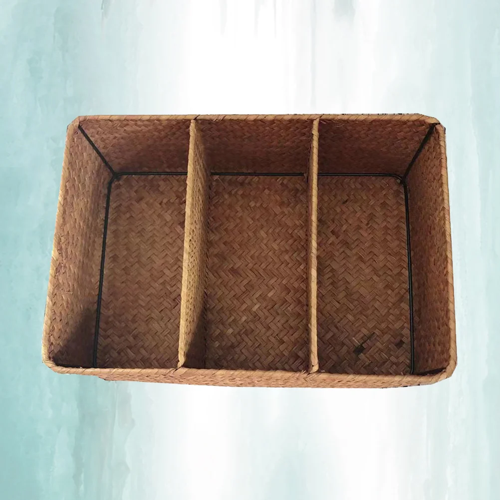 

Wicker Storage Basket with 3- Compartment Magazine Hyacinth Basket Weave Organizer Baskets Desktop Storage Box Sundries