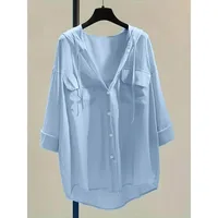 Plus Size 1XL-5XLNew Women Long Seleeve Hooded Sunscreen Shirt Coat Leisure Thin Double Pocket Sun Protection Jacket