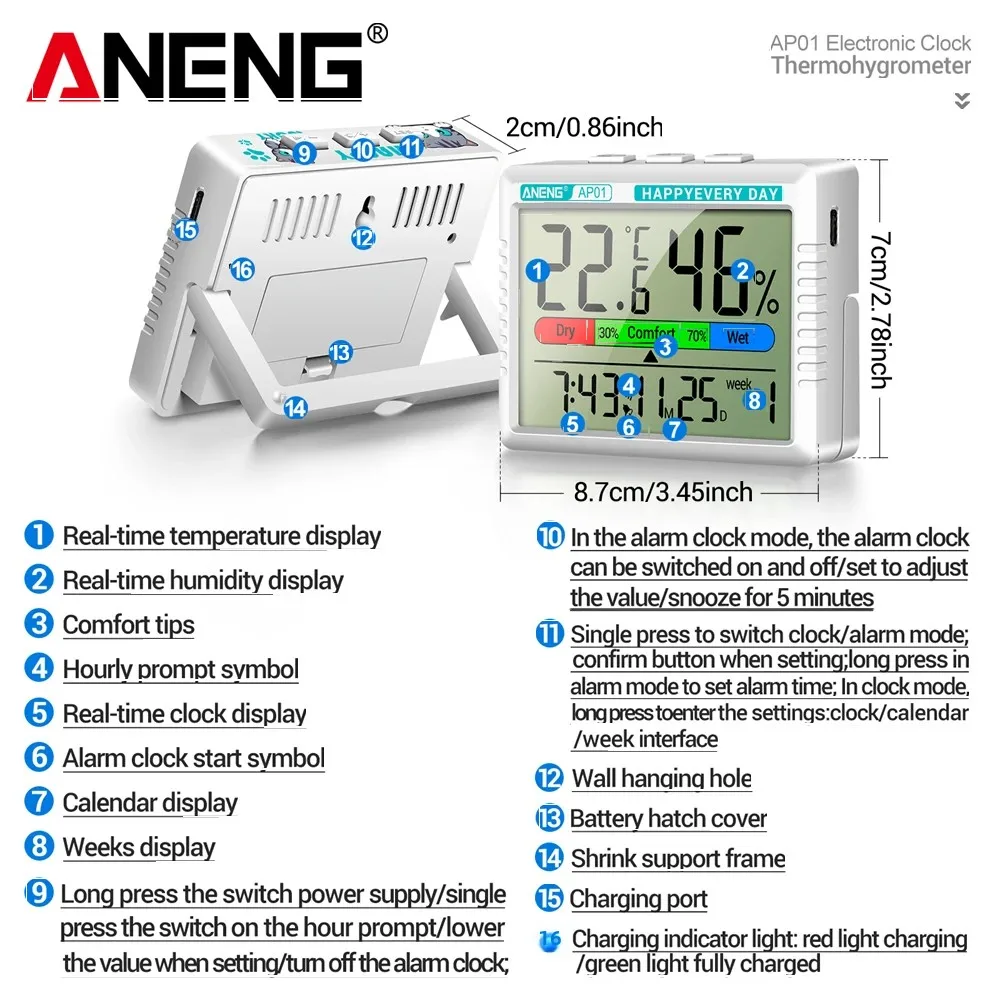 Temperature Humidity Meter Air Thermohygrometer ANENG AP01 Thermometer Hygrometer Rechargeable Multifunction Tester Backlight Air Electronic Monitor Meter Alarm Clock Testers
