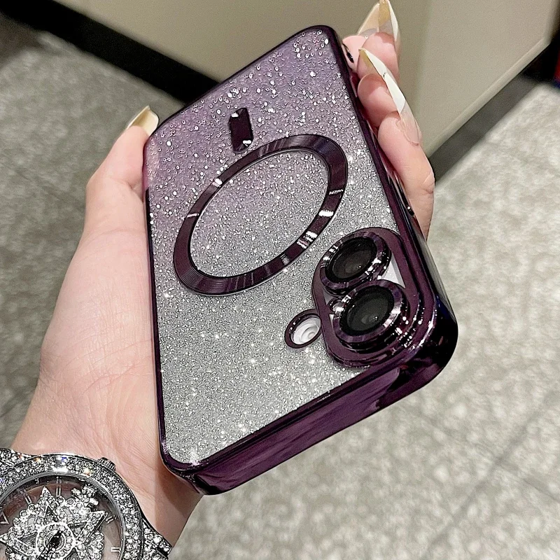 Coque de téléphone souple magnétique à paillettes de luxe pour iPhone 16 15 14 13 12 11 Pro Max Plus, coque de chargement sans fil antichoc_voghion.com