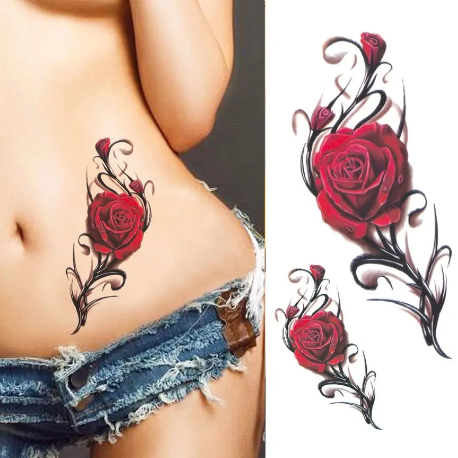 Sexy Rose Flower Fake Tattoo voor vrouw arm buik bloemen tattoo waterdichte  kunst tijdelijke tattoo sticker blijvende tattoo sticker - AliExpress, image size:900x900