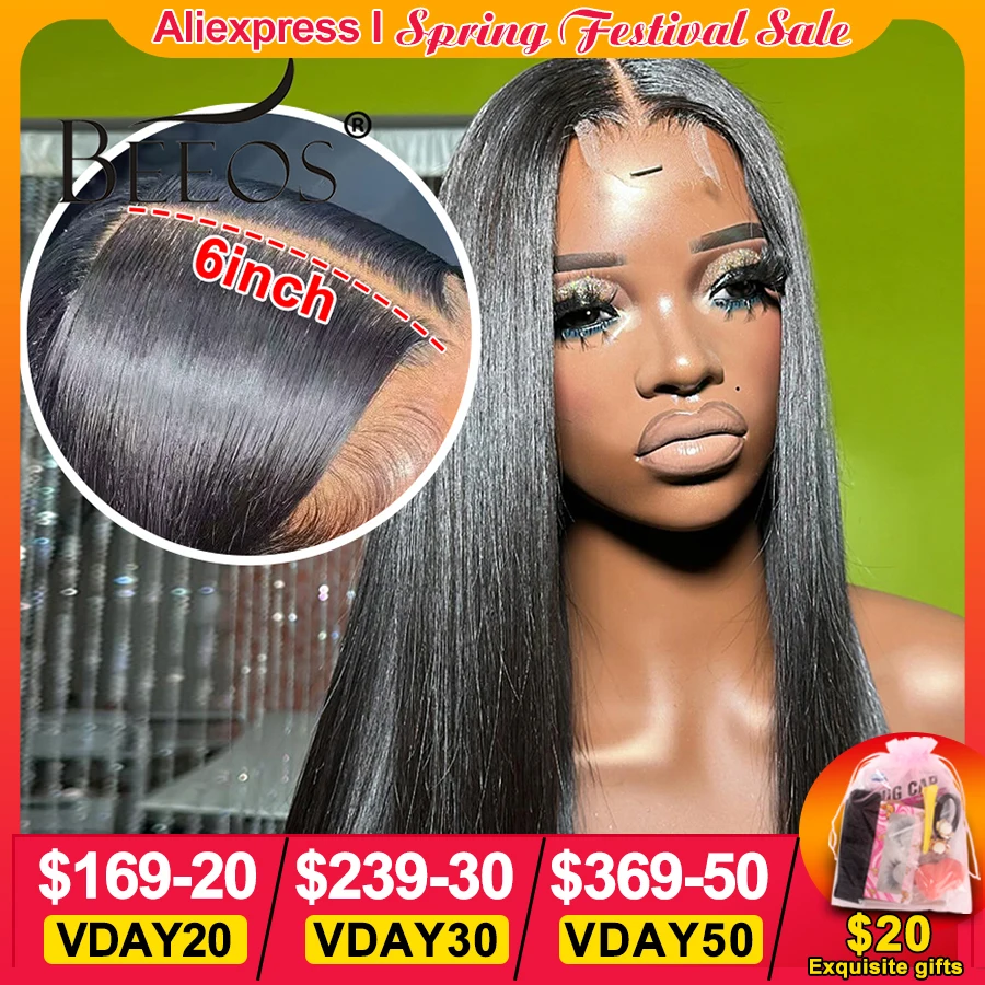 

BEEOS Jet Black 2x6 HD Lace Closure Wig Pre Bleached Straight Glueless Wig Human Hair Ready To Wear Pre Plucked Human Hair Wigs