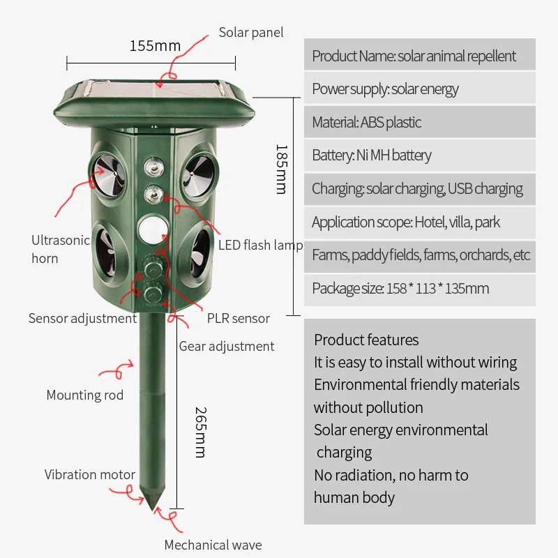 Solar Energy Dog Repeller Long Range Portable Ultrasonic Bark Control Outdoor for Bird Snake Mouse Animals