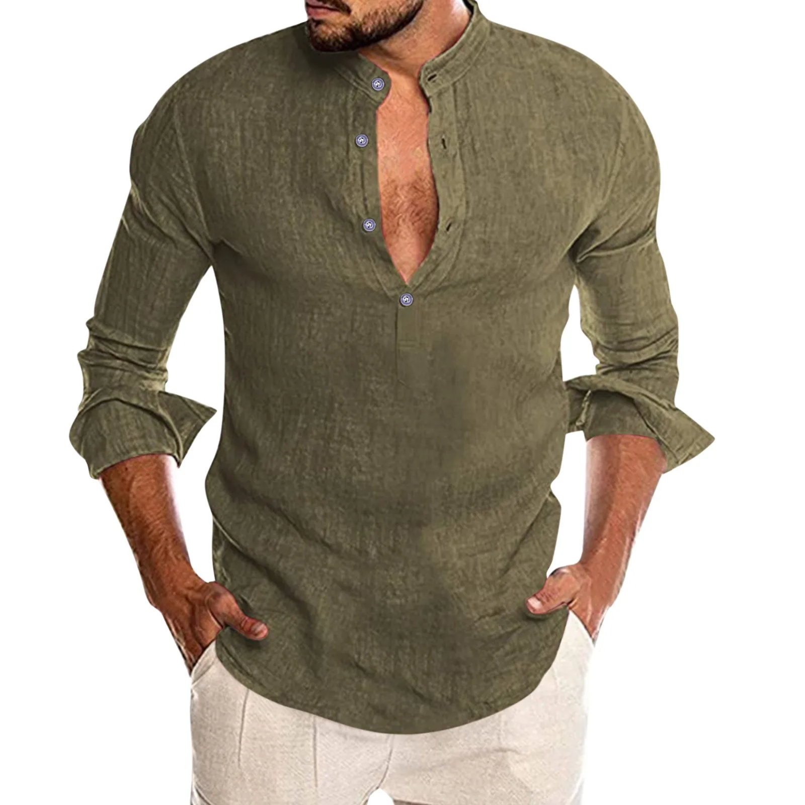 Men Shirts Spring Summer Vintage Henry Collar V Neck Long-sleeved Thin Button Linen Loose Shirt For Pullover Casual Clothes |