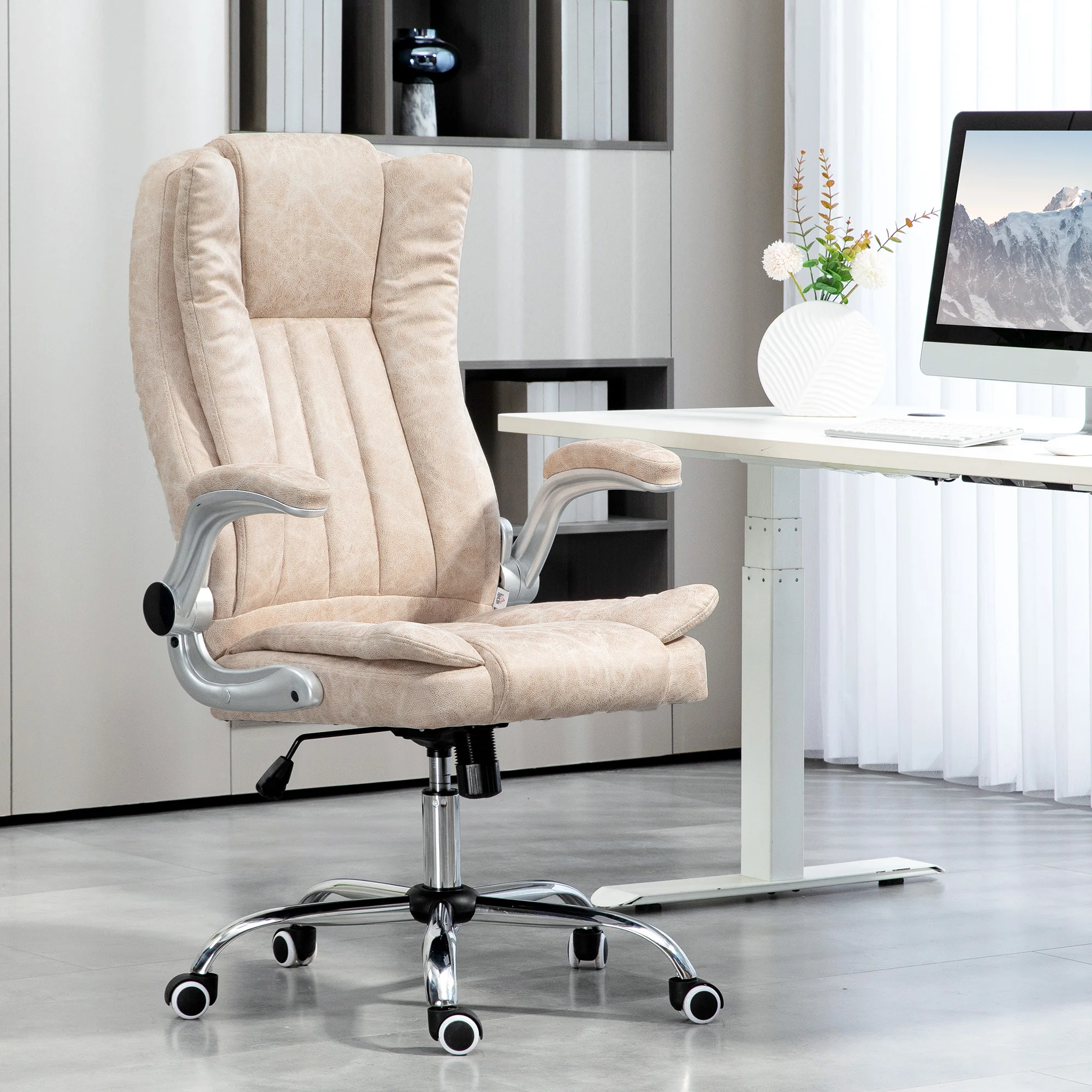 Homcom High Back Office Chair with Flip-Up Arms and Tilt Function, White 2