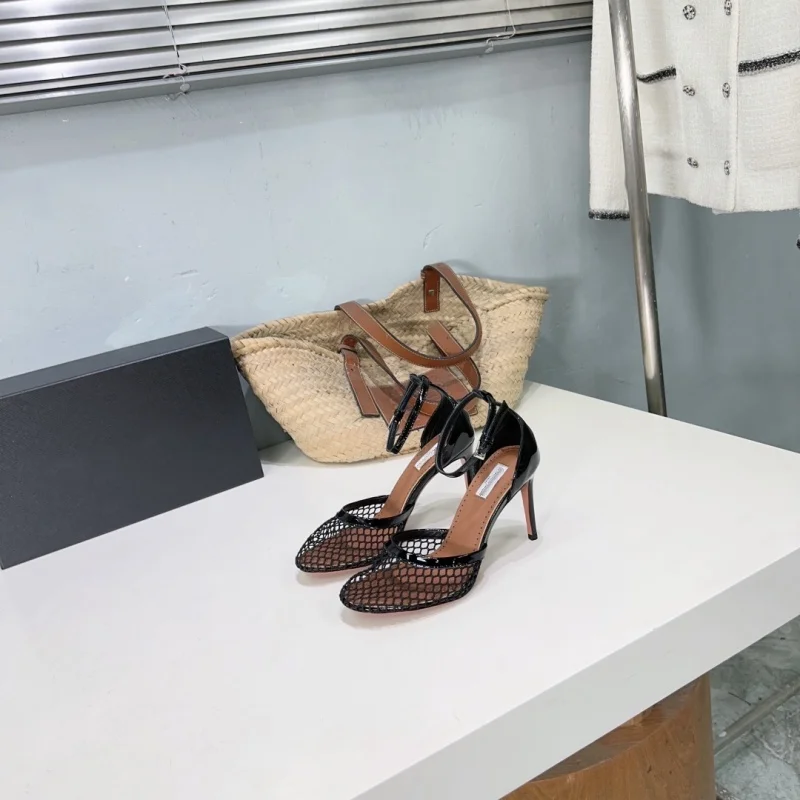 Summer New Fashionable Mesh Super High Heel Sandals Women's Round Head Sexy Thin Heel One line Buckle Sandals