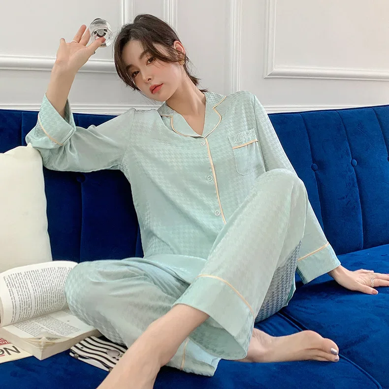 Pajamas Set for Women Ice Silk Long-sleeved Luxury Home Clothes Houndstooth Sleepwear Homewear Women's Pajamas Autumn and Winter